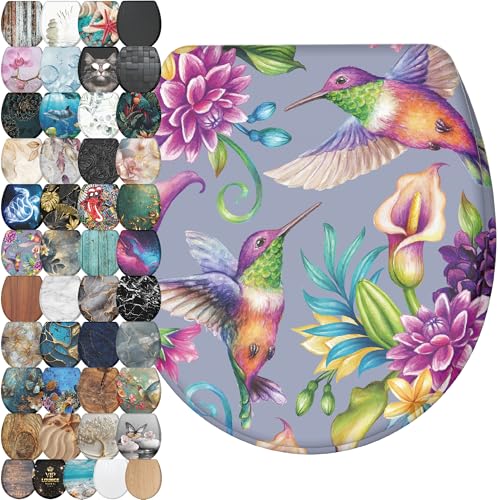 Sanilo Wooden Toilet Seat with Quick Release & Soft Close [ROUND] - Decorative & Slow Close Molded Wood Seat - With One Click for Easy Installation & Cleaning - With Adjustable Fit (Hummingbird) - color: Hummingbird