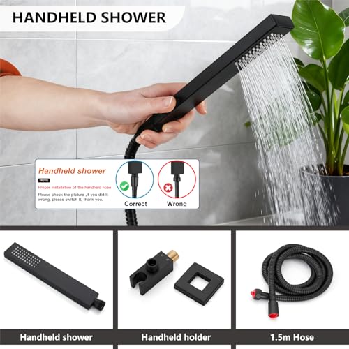 Midanya Shower System with Tub Spout,Bathtub Shower Faucet Set with Square Rainfall Head and Handheld Sprayer Wall Mount Tub Faucet Set with Valve and Trim Kit,12 Inch Matte Black - color: Matte Black, size: 12 Inch