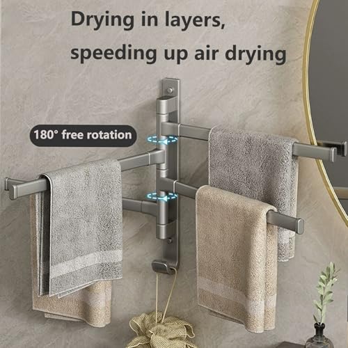 Towel Rack,180° Swivel Towel Rack,Advanced Materials Multi-Arm Towel Bar,Space Saving Wall Mounted Towel Holder with Hook,Rustproof Swing Out Towel Hanger for Bathroom,Kitchen(Gray,3 Poles) - color: Gray, size: 3 poles