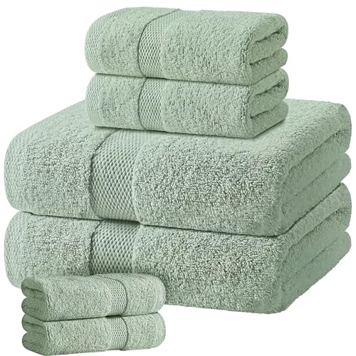 White Classic Mint Green Bath Towel Set of 6-100% Cotton Highly Absorbent Towels for Bathroom, 2 Luxury Bath Towels 650GSM, 2 Hand Towels, 2 Washcloths - color: Mint Green