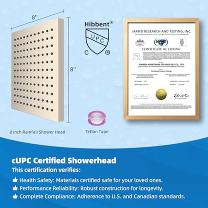 Hibbent cUPC Certified Thickness Metal 8'' Rain Shower Head, Brushed Nickel | High Pressure Shower Head, Bathroom Waterfall Shower Heads, High Flow Fixed Showerheads with Adjustable Brass Ball Joint - color: Brushed Nickel, style: Square 8''