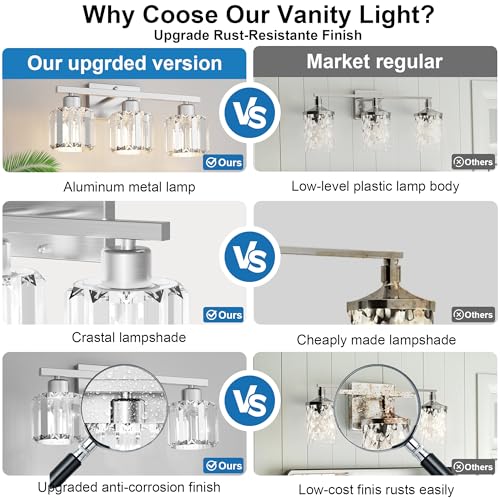 comzler 3-Light Bathroom Light Fixtures Over Mirror, Brushed Nickel Crystal Wall Sconce with E26 Base for Mirror Kitchen Living Room Bathroom, Round Crystal Shades (Bulbs Excluded) - size: Round
