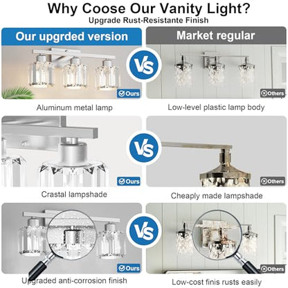 comzler 3-Light Bathroom Light Fixtures Over Mirror, Brushed Nickel Crystal Wall Sconce with E26 Base for Mirror Kitchen Living Room Bathroom, Round Crystal Shades (Bulbs Excluded) - size: Round