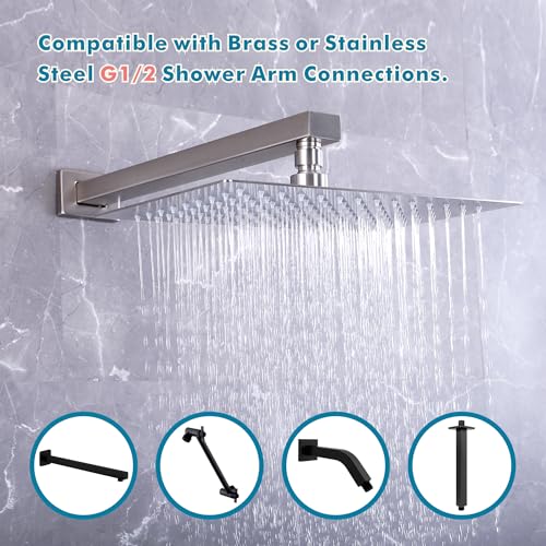 12 x 10 Inch Rain Shower Head Full Body Coverage, Brushed Nickel | Rainfall, Ceiling or Wall Mount, Waterfall, High Pressure, Square ALL Metal