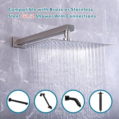 12 x 10 Inch Rain Shower Head Full Body Coverage, Brushed Nickel | Rainfall, Ceiling or Wall Mount, Waterfall, High Pressure, Square ALL Metal
