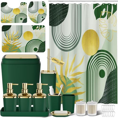 Bathroom Set - 27PC Bathroom Sets with Shower Curtain and Rugs, Green Bathroom Set, Bathroom Accessory Set, Trash Can, Toilet Brush & 3 PC Soap Dispensers - color: Dark Green, size: Bath Set+Boho Shower Curtain+Bath Rugs