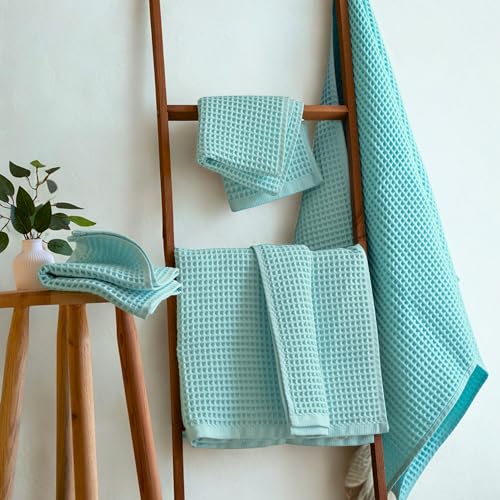 PÜSKÜL Natural 100% Turkish Cotton Waffle Towels Set of 4-Piece, Turquoise | 2-Bath sheet (Extra-large 32x63") and 2-Hand towel (Large 32x16"). Premium honeycomb-waffle weave, oeko-tex made in Turkiye. - color: Turquoise