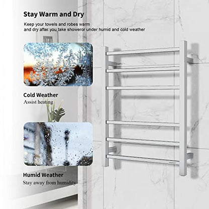 Towel Warmer Polished Chrome for Bathroom Wall Mounted Bath Towel Heater Plug-in Electric Heated Towel Rack Stainless Steel Square 6 Bars Drying Rack ETW13C 68W 26.77x20.47x4.13 inches