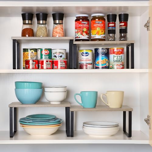 NEX Kitchen Cabinet and Counter Shelf Organizer, Shelf Riser for Pantry Countertop Cupboard Desk Top, Stackable & Expandable, Set of 4, Black and Greige | Stackable & Expandable Spice Rack, Space-Saving Pantry Organizers Bathroom Countertop Storage, Black