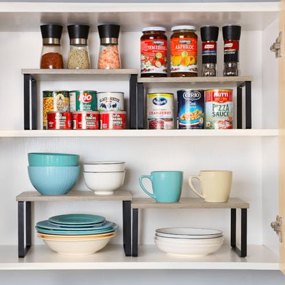 NEX Kitchen Cabinet and Counter Shelf Organizer, Shelf Riser for Pantry Countertop Cupboard Desk Top, Stackable & Expandable, Set of 4, Black and Greige | Stackable & Expandable Spice Rack, Space-Saving Pantry Organizers Bathroom Countertop Storage, Black