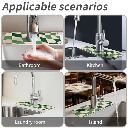 Kitchen Sink Splash Guard，Green-and cream checkered Faucet Mat Sink Gadgets-Super Absorbent Fast Drying Mat Drip Catcher for Kitchen, Bathroom,Sink Mat, Dish Drying Mat, Bathroom(15" X 5.5" ) - color: Green-and cream checkered