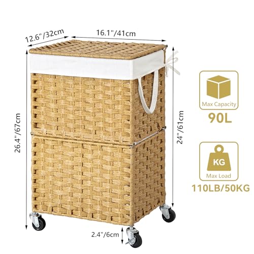 Chrislley Wicker Laundry Basket with Wheels,Rolling Laundry Hamper with Lid | 90L Slim Clothes Hamper with Wheels & Removable Liner Bag, Handwoven Rattan Laundry Organizer for Bedroom, Bathroom, Yellow - color: Yellow
