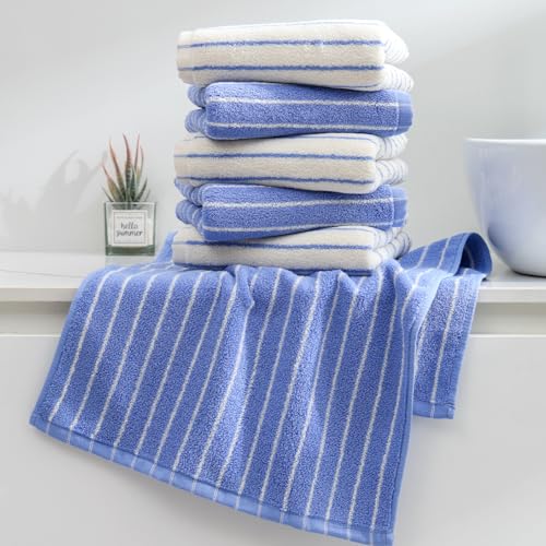 Blue Striped Hand Towels, Bathroom Hand Towel Set of 6, 13" By 29" - 100% Cotton | Quick Dry | Absorbent | Light Weight, Soft Face Towel for Showering & Guest, Luxury Towel Gift - color: Blue