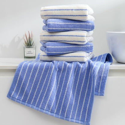 Blue Striped Hand Towels, Bathroom Hand Towel Set of 6, 13" By 29" - 100% Cotton | Quick Dry | Absorbent | Light Weight, Soft Face Towel for Showering & Guest, Luxury Towel Gift - color: Blue