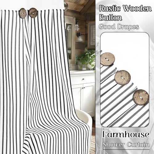 ASPMIZ Farmhouse Striped Shower Curtain and Liner Set No Hook, Black 71x86 | No Hook Shower Curtain with Snap in Liner Fabric, Rustic Washable Waterproof Bathroom Curtains with Button, Mesh Top Window - color: Black Striped, size: 71"W x 86"L (Pack of 1),