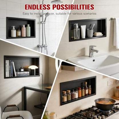 VELPAX No Tile Needed Shower Niche 12"X 24", Bathroom Wall Niche Single Shelf, Stainless Steel Shower Niche for Bathroom, Kitchens, Balconies - color: Black, size: 12"X 24" Single Shelf