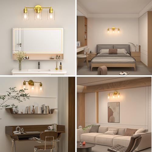 Bathroom Vanity Light Fixtures, 3-Light Brushed Gold Wall Sconce with Clear Glass, Modern Vanity Lights Over Mirror for Bathroom, Kitchen, Living Room, Mirror, E26 Base(Bulbs Not Included) - color: Gold 3 Lights