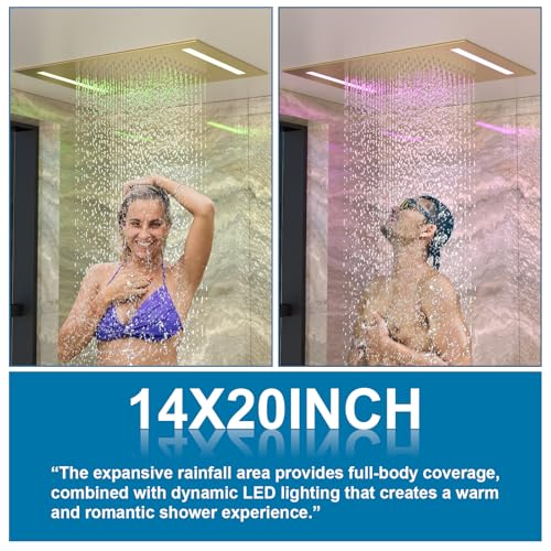 ENGA Dual Rain LED Shower System, 14"x20" Large Shower Head + 6" Wall Shower, 4 Body Jets with Individual On/Off & Adjustable Water Pressure, Rainfall Shower Faucet Set, Brushed Gold - color: Brushed Gold, style: 14X20" Led Shower - Body Jets