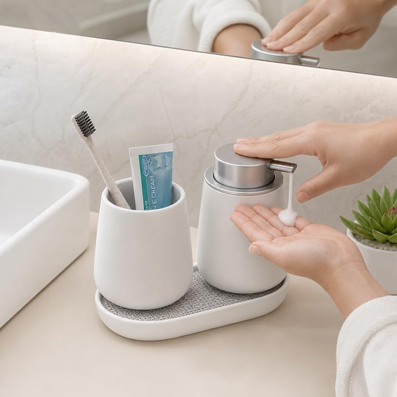 Ceramic Bathroom Accessories Set, 3 Pieces with Soap Dispenser, Toothbrush Holder, and Cup, Matte Black, Polished Finish (White) - color: White
