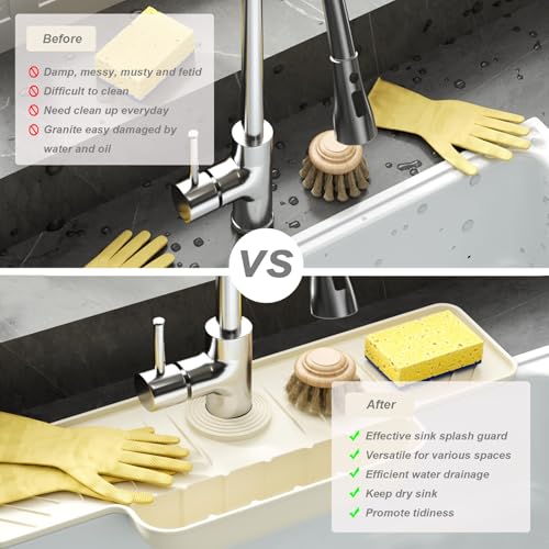 Silicone Faucet Mat with Sponge Holder, Sink Splash Guard, Faucet Draining Mat for Kitchen Bathroom, 5° Slope Split-flow Drainage, Sink Dry and Tidy Organizer, Beige - color: Beige