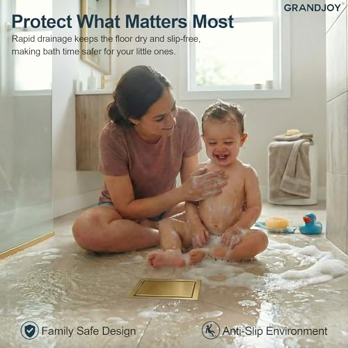 6 Inch Square Shower Floor Drain, Brushed Gold SUS304 Stainless Steel Grid Grate with X-Shaped High Flow Channel, Anti-Clogging Hair Strainer, Standard 2" Outlet | Reversible flat & tile-in cover, anti-odor auto-seal core, burr-free smooth edges for baref