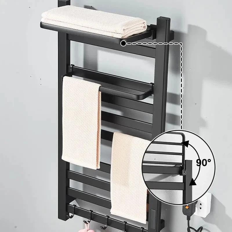MOS Matte Black Electric Heated Towel Rack | Wall Mounted Towel Warmer with Digital Temperature Control Top Shelf Hooks Stainless Steel Towel Dryer for Bathroom - size: 21*66