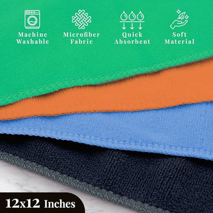 EcoSol Designs - Microfiber Towels, Cleaning & Drying Must-Have, Soft, Thick Dry/Wipe for Personal/Home/Office/Car Use, 4 12x12 Microfiber Towels with Hanging Loops in Orange, Blue, Green and Grey - color: Orange, Green, Blue, Grey