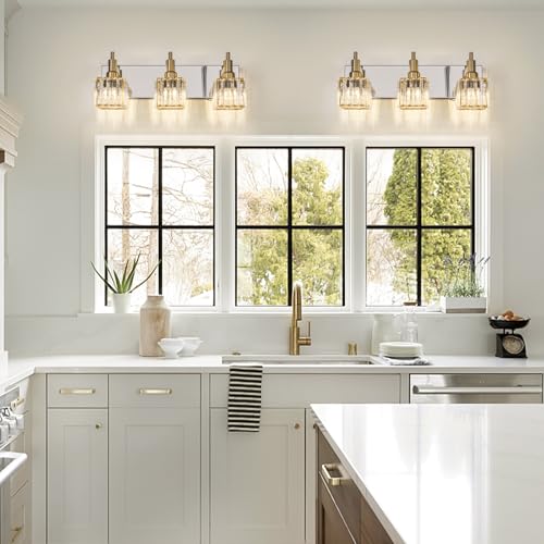 Crystal Bathroom Vanity Light Gold Chrome 3-Light Modern Bathroom Lighting Fixtures Over Mirror Square Wall Sconce - color: Gold Chrome-Square Shade, size: 3-Light