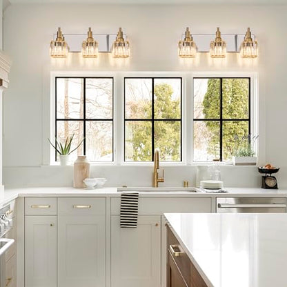 Crystal Bathroom Vanity Light Gold Chrome 3-Light Modern Bathroom Lighting Fixtures Over Mirror Square Wall Sconce - color: Gold Chrome-Square Shade, size: 3-Light