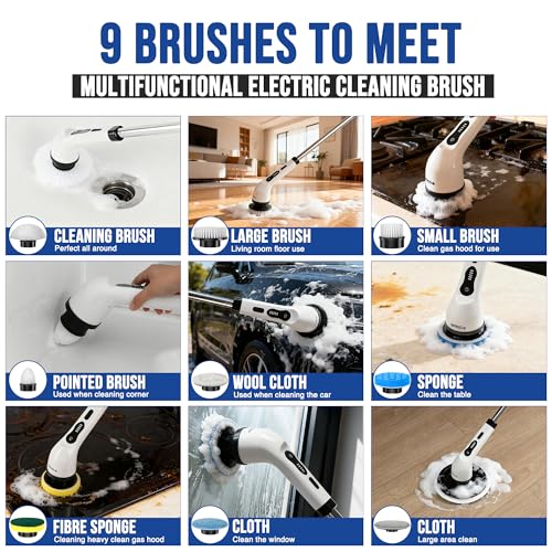 Electric Spin Scrubber Cordless Electric Cleaning Brush with LCD Power Display 9 Replaceable Heads Dual Speed IPX7 Waterproof Electric Scrubber for Cleaning Bathroom Tiles Floor Kitchen & Car