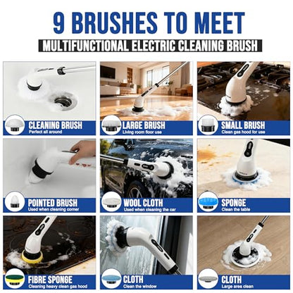 Electric Spin Scrubber Cordless Electric Cleaning Brush with LCD Power Display 9 Replaceable Heads Dual Speed IPX7 Waterproof Electric Scrubber for Cleaning Bathroom Tiles Floor Kitchen & Car
