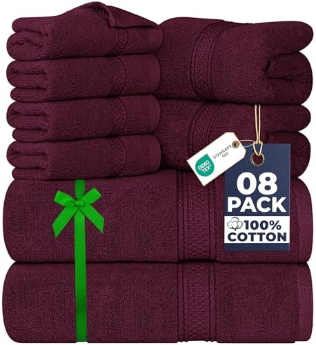 Utopia Towels 8 Piece Luxury Towel Set – Majestic Plush, Super Absorbent & Quicker-to-Dry, Thick 100% Ring Spun Cotton Towels for Bathroom, Spa & Hotel – 2 Bath, 2 Hand, 4 Washcloths, Burgundy - color: Burgundy, size: 8 Pieces Towel Set