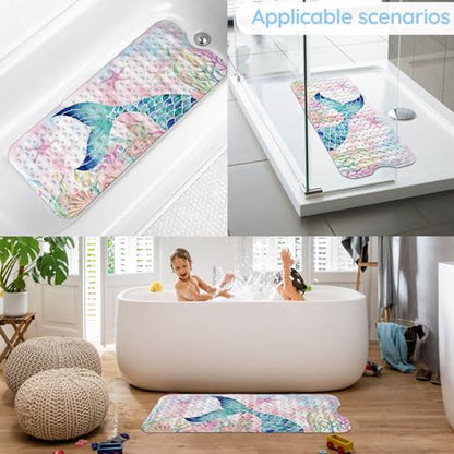 Bathtub Mats for Kids, Pink Mermaid Bath Mat for Tub Non Slip, 40 X 16 Inch Large Washable Bathtub Mat Non Slip for Showers with Drain Holes and Suction Cups - color: Pink Mermaid