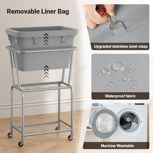 ELYKEN Rolling Laundry Hamper with Wheels, Removable Bag, Laundry Cart | Heavy Duty Metal Frame, 2-Tier Clothes Basket with Shelf, Ideal for Closet, Bedroom, Bathroom & Laundry Room - color: Gray, size: 20.3"L x 15.9"W x 30.9"H