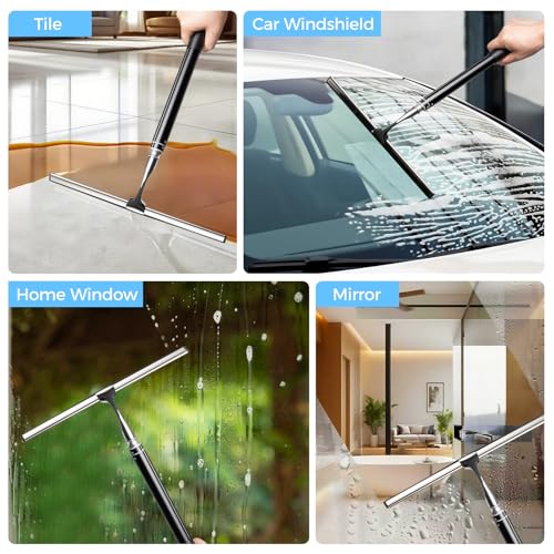 17“- 60" Extendable Long Handle 2-in-1 Window Squeegee Silver | 12.4" Wide Metal Shower Squeegee for Glass Doors, 2-in-1 Squeegee for Home Window Cleaning, Tile Wall, Car - color: Black/Silver