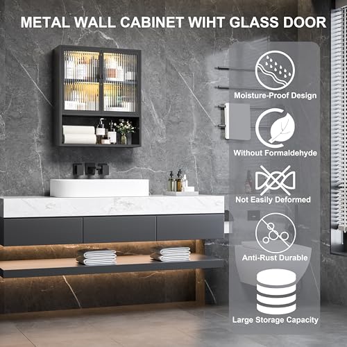 Bathroom Cabinet Wall Mount,Metal Medicine Cabinets with Glass Doors and LED Light,Wall Cabinet Over The Toilet,Black Hanging Cabinet for Bathroom Laundry Room Kitchen - color: Black