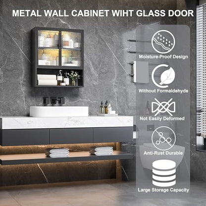 Bathroom Cabinet Wall Mount,Metal Medicine Cabinets with Glass Doors and LED Light,Wall Cabinet Over The Toilet,Black Hanging Cabinet for Bathroom Laundry Room Kitchen - color: Black