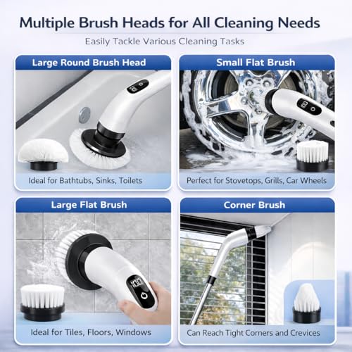 Premium Electric Bathroom Cleaning Brush, Waterproof Cordless Bathroom & Kitchen Cleaning Brush with Adjustable Handle & 9 Replaceable Heads – Powerful Deep Clean Tile, Grout, Tub, Window & Floor