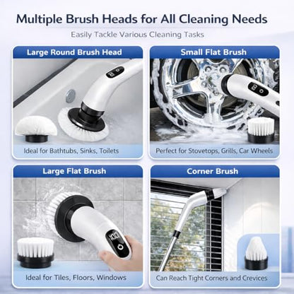 Premium Electric Bathroom Cleaning Brush, Waterproof Cordless Bathroom & Kitchen Cleaning Brush with Adjustable Handle & 9 Replaceable Heads – Powerful Deep Clean Tile, Grout, Tub, Window & Floor