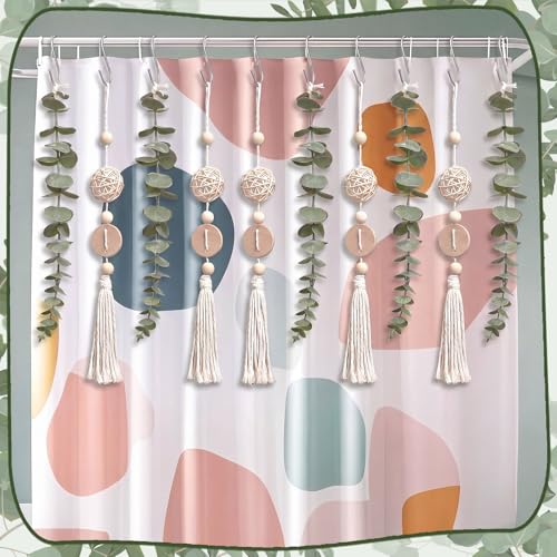 Set of 12 Boho Eucalyptus Shower Curtain Hooks Rings Rustic Farmhouse Decor Rustproof Metal Decorative Hanger Set for Home Bathroom Bedroom Baby Room Curtain Decor (Rattan) - style: Rattan
