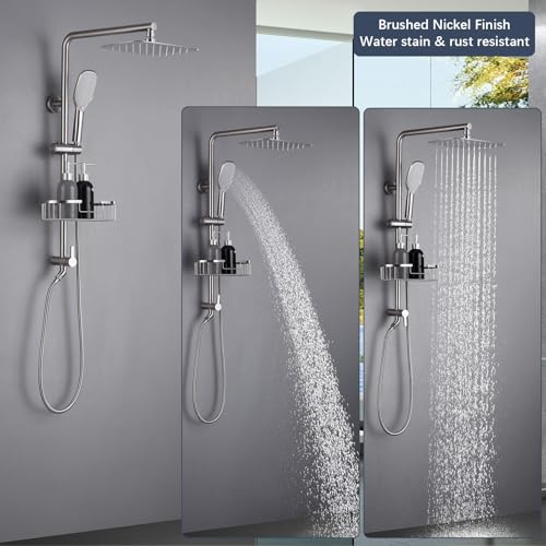 All Metal Shower System with Shower Shelf, SonTiy 9" Rain & Handheld Shower Combo, Adjustable Holder, Brass Diverter 2.5GPM Complete Bathroom Shower Set, Brushed Nickel - color: Brushed Nickel, style: 2.5 Gallons Per Minute-Square