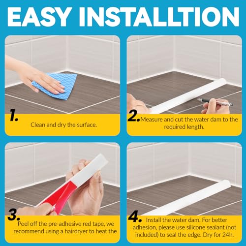 98" Collapsible Shower Threshold Water Dam Shower Barrier Keeps Water Inside Threshold Dry and Wet Separation Retention System Suitable for Bathroom Kitchen Sink Bathtub - color: White, size: 98"