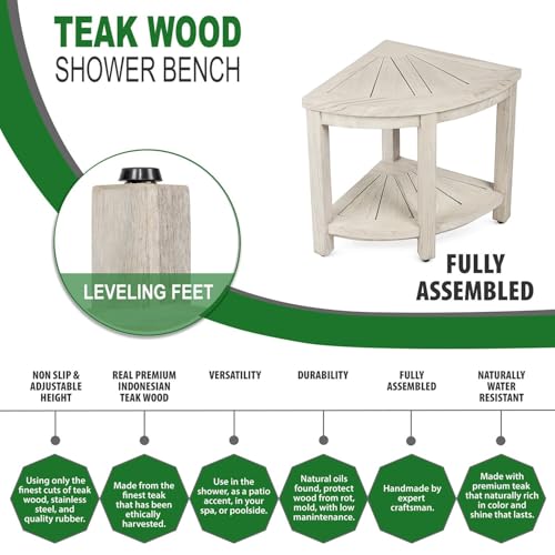 TeakCraft Gray Teak Shower Bench Seat for Bathroom - Waterproof Shower Stool - Fully Assembled, Rustic Gray Finish, The Cosima