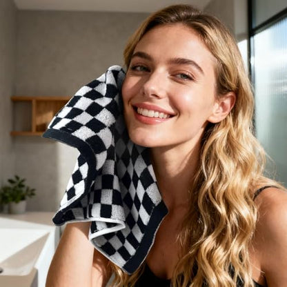 Washcloths 12 Pack Checkered - Wash Cloths for Showering (13"x13") in Black | Multi-Purpose Bathroom Face Cloths, Soft and Quick Dry - color: Black