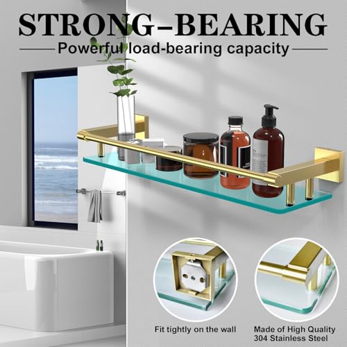 Glass Shelf for Bathroom, 20 Inch Tempered Glass with Brushed Gold Stainless Steel Railing, Floating Glass Shelves Sink Over Toilet Modern Bathroom - color: Brushed Gold, size: 20'' with Railing