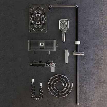 Thermostatic Shower System Gray Digital Display Shower Faucet Set 4 Function Shower Fixture with Rain Shower Head,Hand Shower,Handheld Spray,Wall Mounted Tub Fauce
