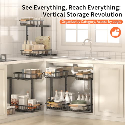 Under Sink Organizer, Under Sink Organizers and Storage, 2-Tier Pull Out Under Cabinet Organizer Storage Shelf, Metal Frame, Height Adjustable Rack for Bathroom Kitchen Pantry - style: Black, 1-Pack