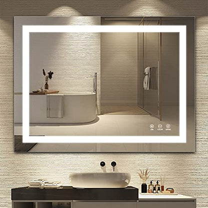 TATU LED Bathroom Mirror,36x28 Inch Bathroom Vanity Mirror Wall Mounted with 3000K-6000K Adjustable, Anti-Fog, Smart Touch Button, Stepless Dimmable Lighted Makeup Mirror, Horizontal/Vertical - size: 28"L x 36"W