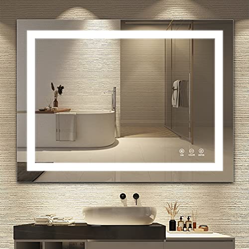 TATU LED Bathroom Mirror,36x28 Inch Bathroom Vanity Mirror Wall Mounted with 3000K-6000K Adjustable, Anti-Fog, Smart Touch Button, Stepless Dimmable Lighted Makeup Mirror, Horizontal/Vertical - size: 28"L x 36"W