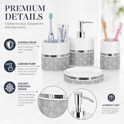 Creative Scents Mirror Damask 4 Piece Resin Bathroom Accessories Set | Includes Soap Dispenser, Toothbrush Holder, Tumbler Cup & Soap Dish - color: 4 Piece Set